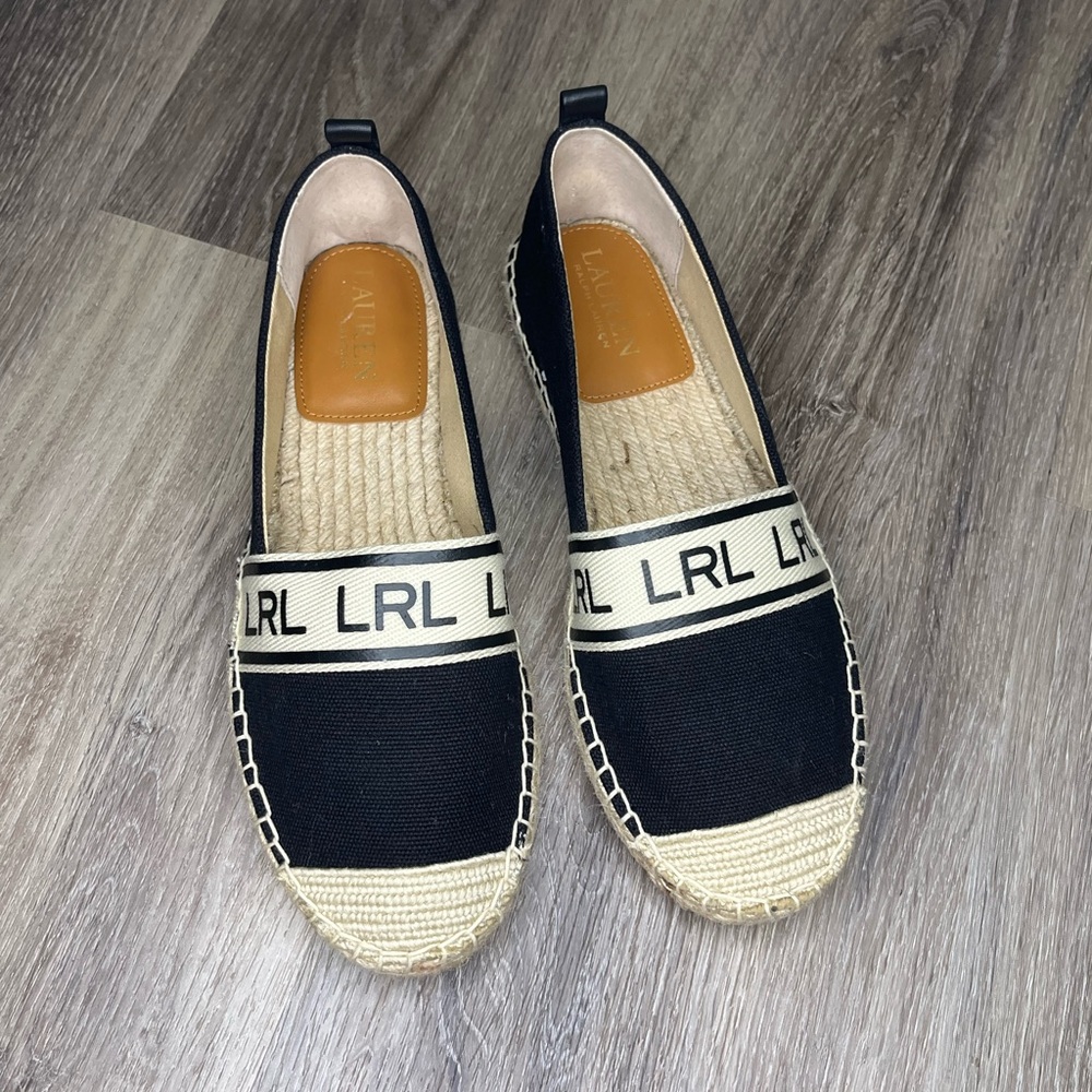 Lauren Ralph Lauren Caylee Flat Espadrille Loafers Black Beige Size 6.5 B